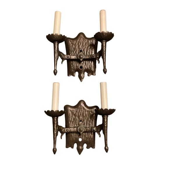 Vintage Gothic Iron Two Armed Wall Sconce - Picture 1 of 5